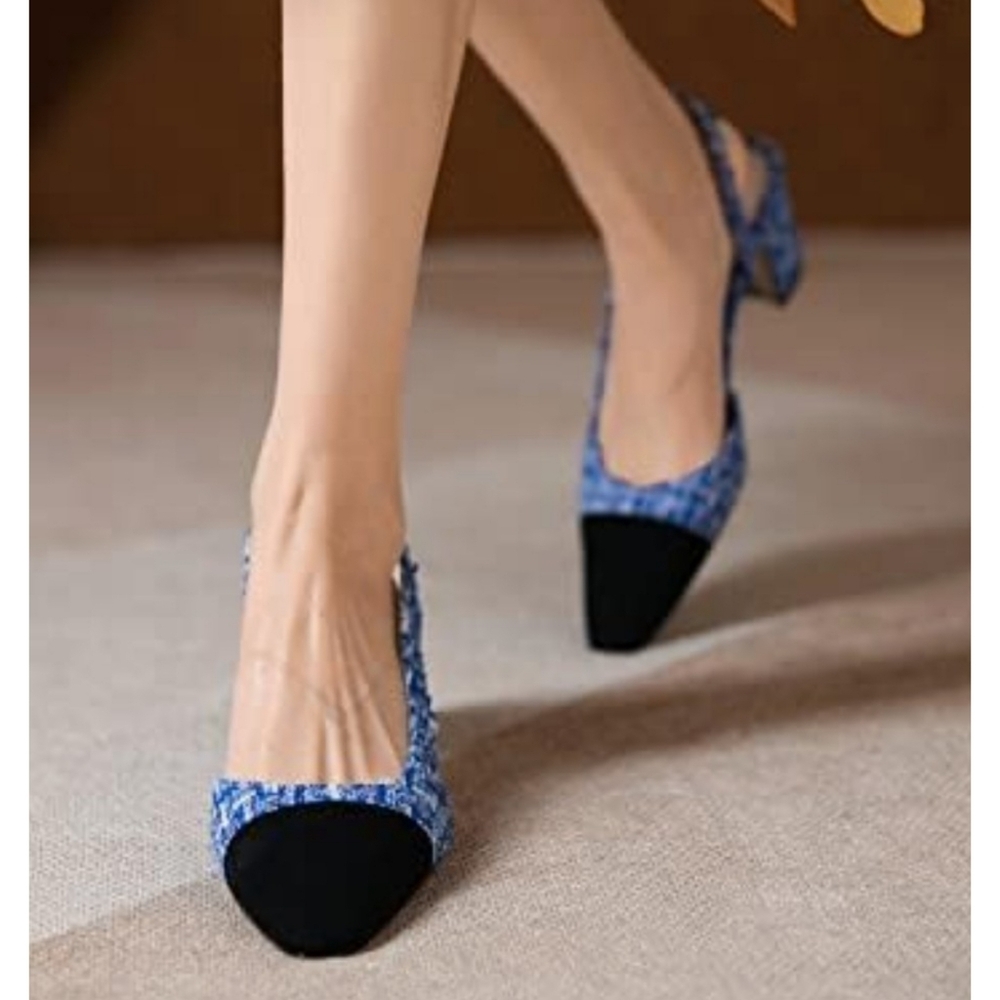 MICIFA Slingback Block Heel Shoes Blue & White Size 7